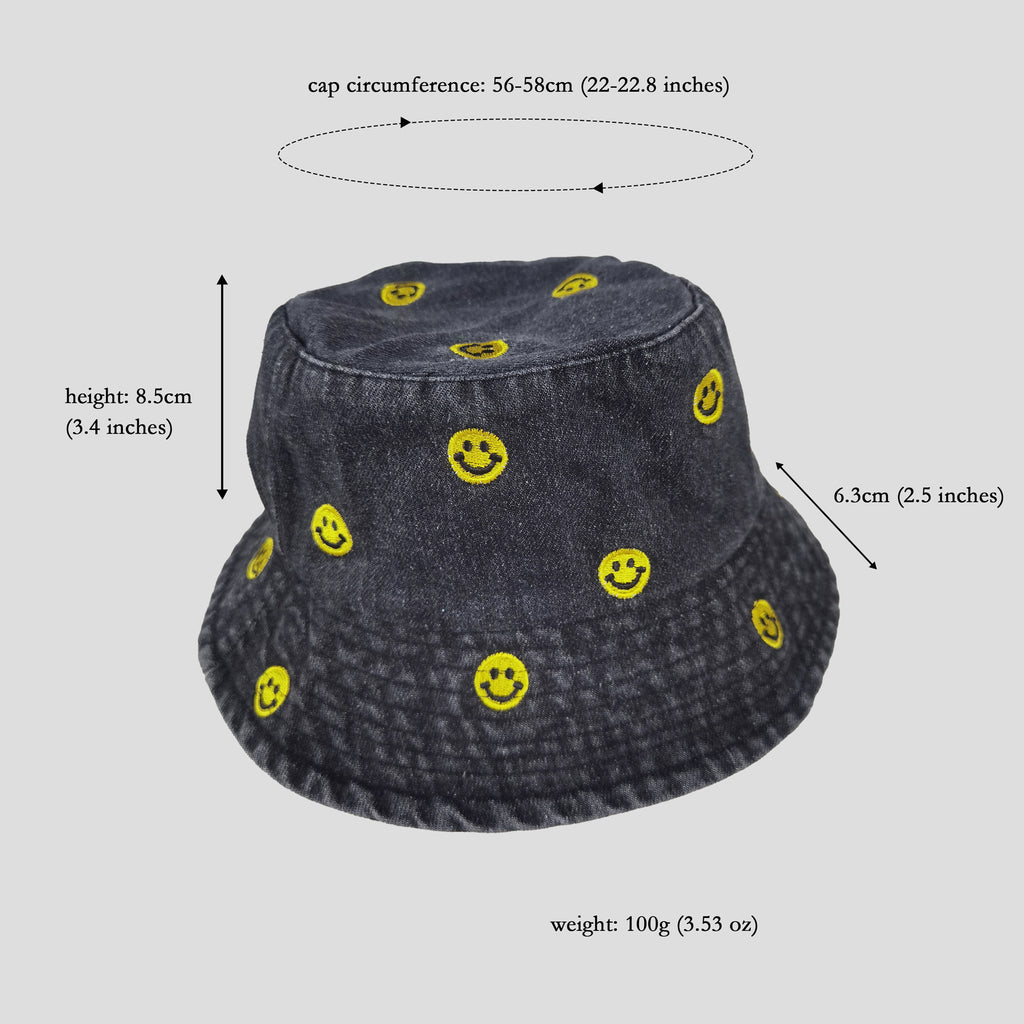 Anna-Kaci Women's Denim Bucket Hat Foldable with Smiley Face Embroidery