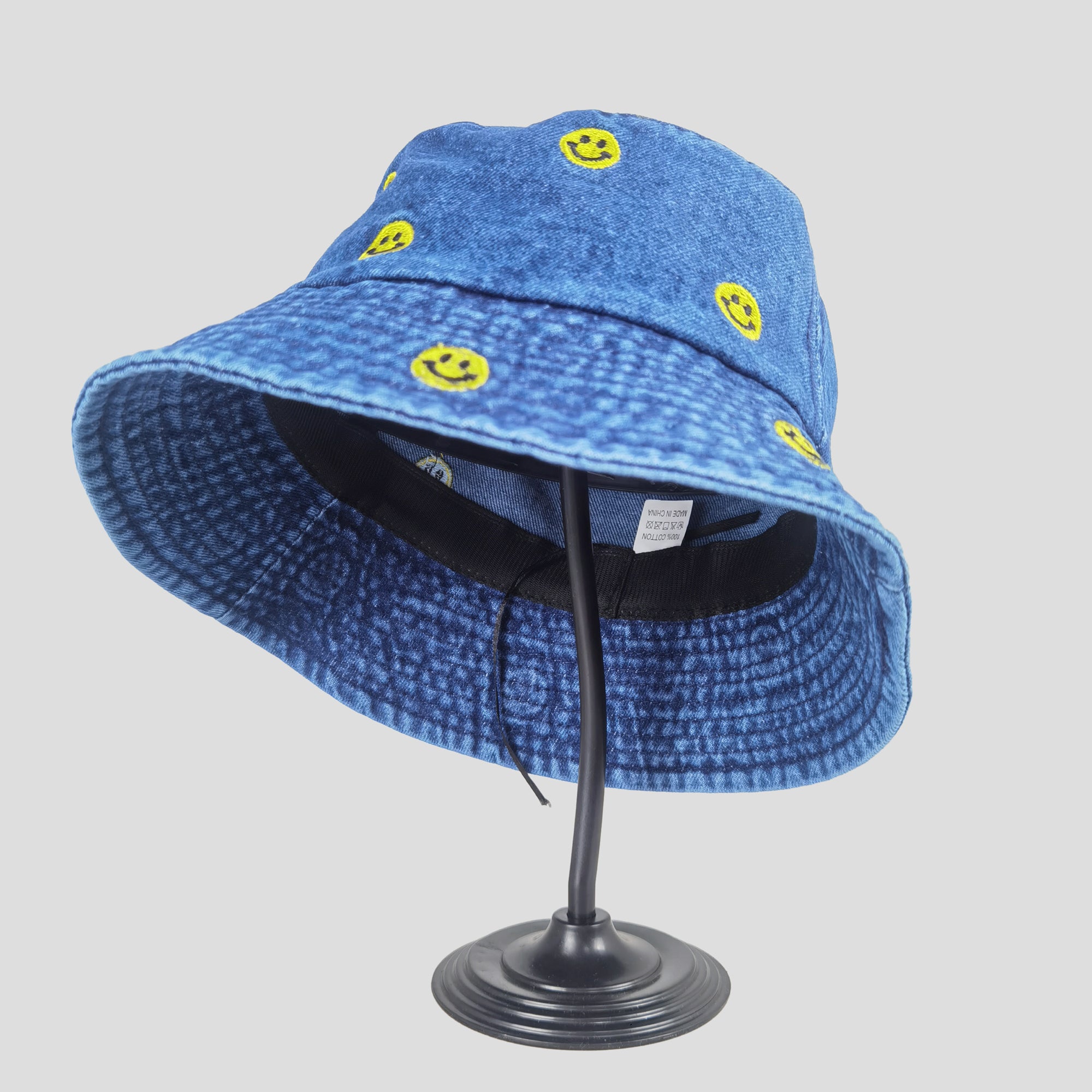 Anna-Kaci Women's Denim Bucket Hat Foldable with Smiley Face Embroidery