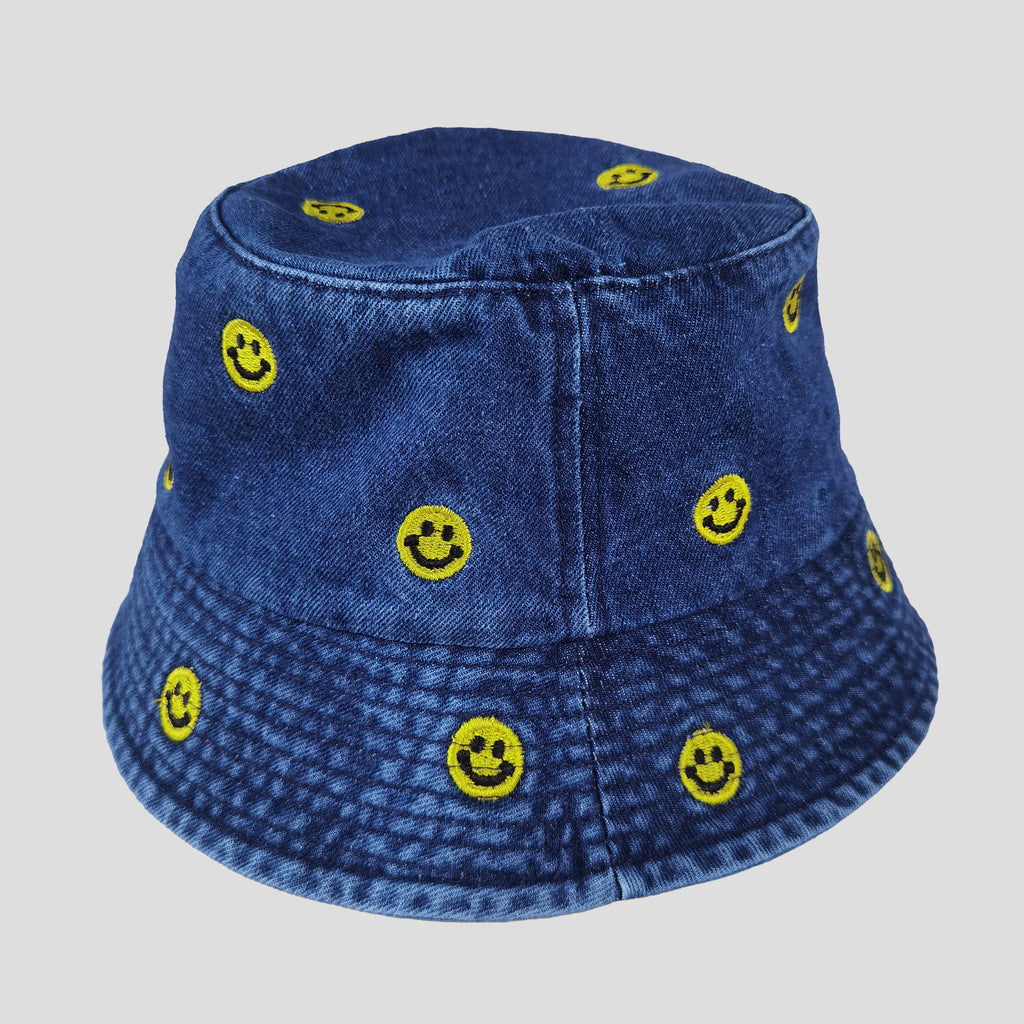 Anna-Kaci Women's Denim Bucket Hat Foldable with Smiley Face Embroidery