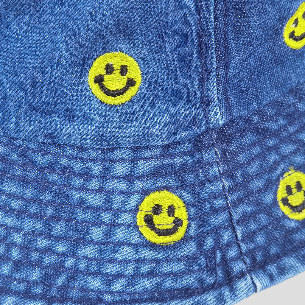 Anna-Kaci Women's Denim Bucket Hat Foldable with Smiley Face Embroidery