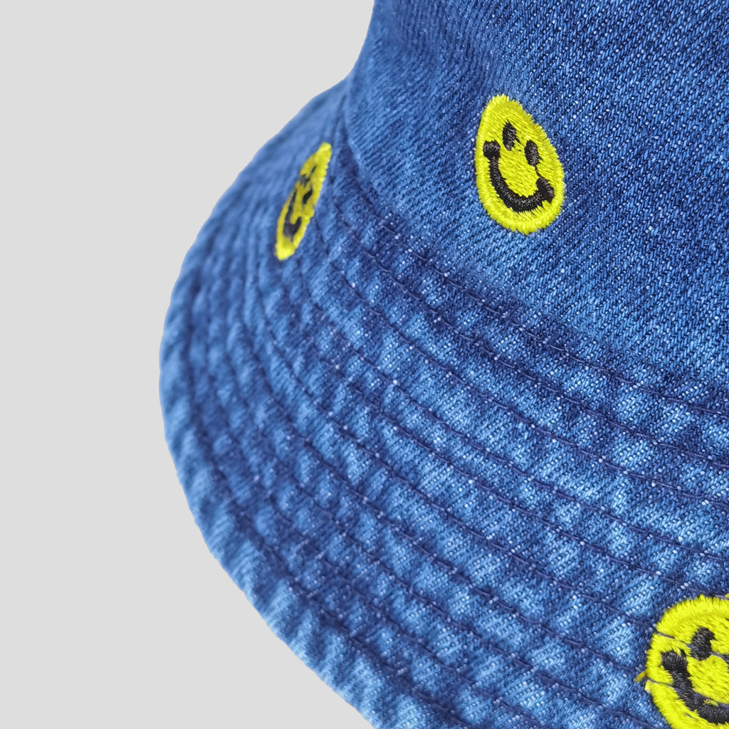 Anna-Kaci Women's Denim Bucket Hat Foldable with Smiley Face Embroidery