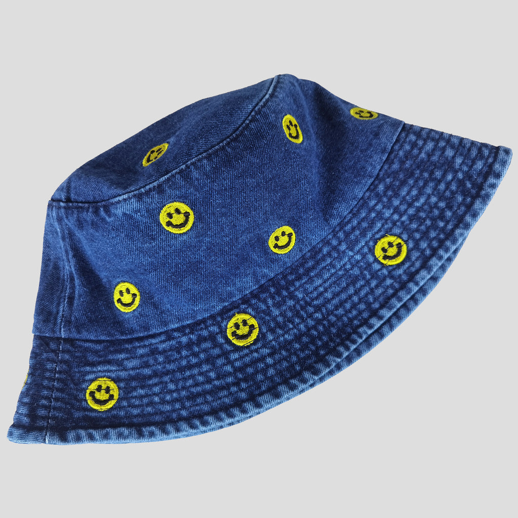 Anna-Kaci Women's Denim Bucket Hat Foldable with Smiley Face Embroidery