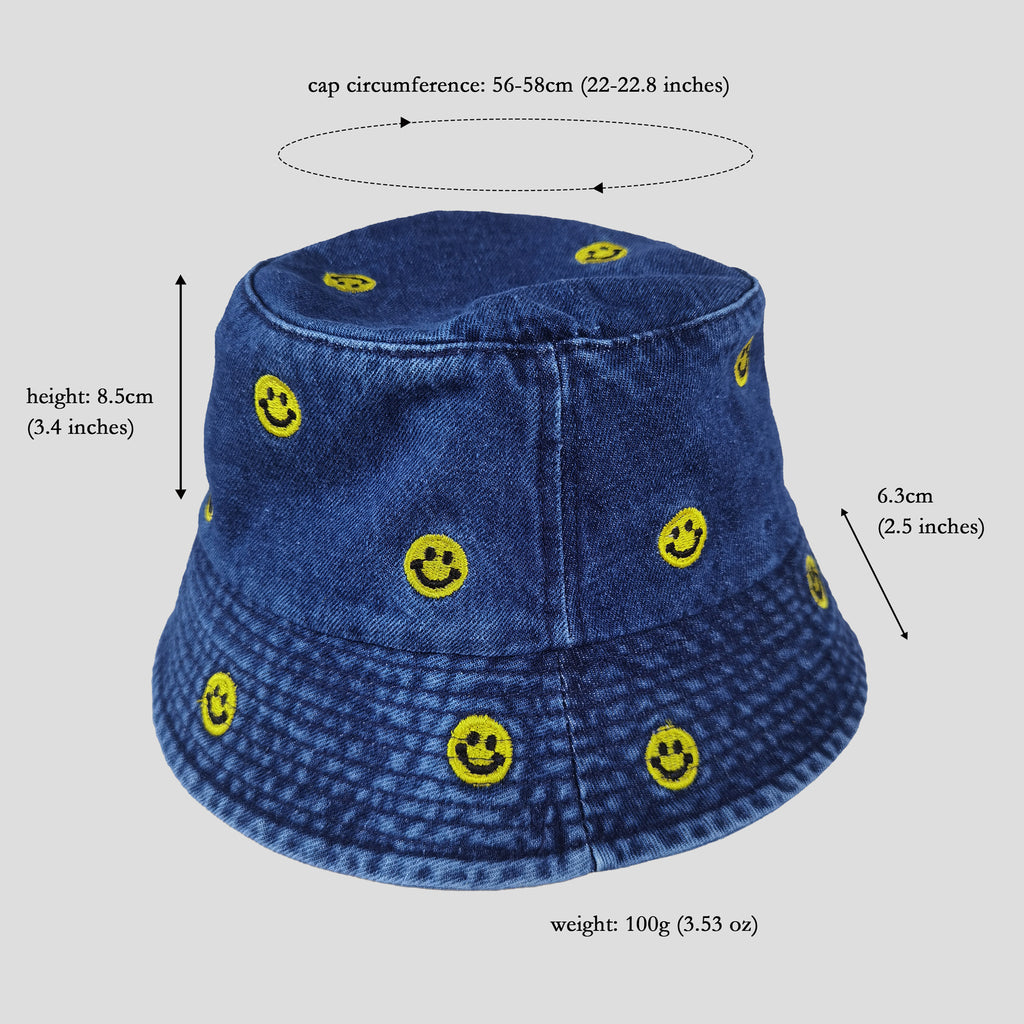 Anna-Kaci Women's Denim Bucket Hat Foldable with Smiley Face Embroidery