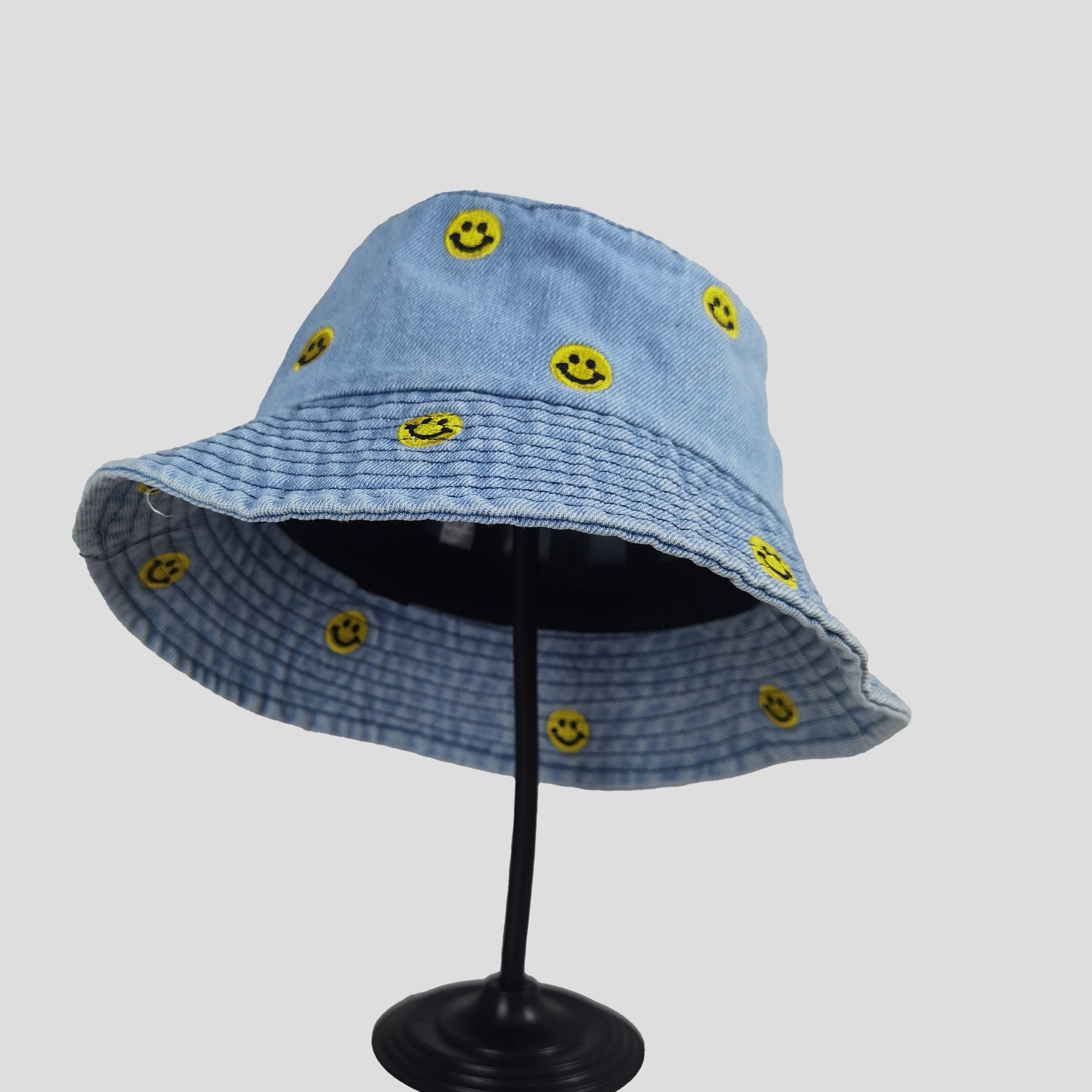 Anna-Kaci Women's Denim Bucket Hat Foldable with Smiley Face Embroidery
