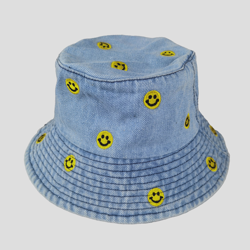 Anna-Kaci Women's Denim Bucket Hat Foldable with Smiley Face Embroidery