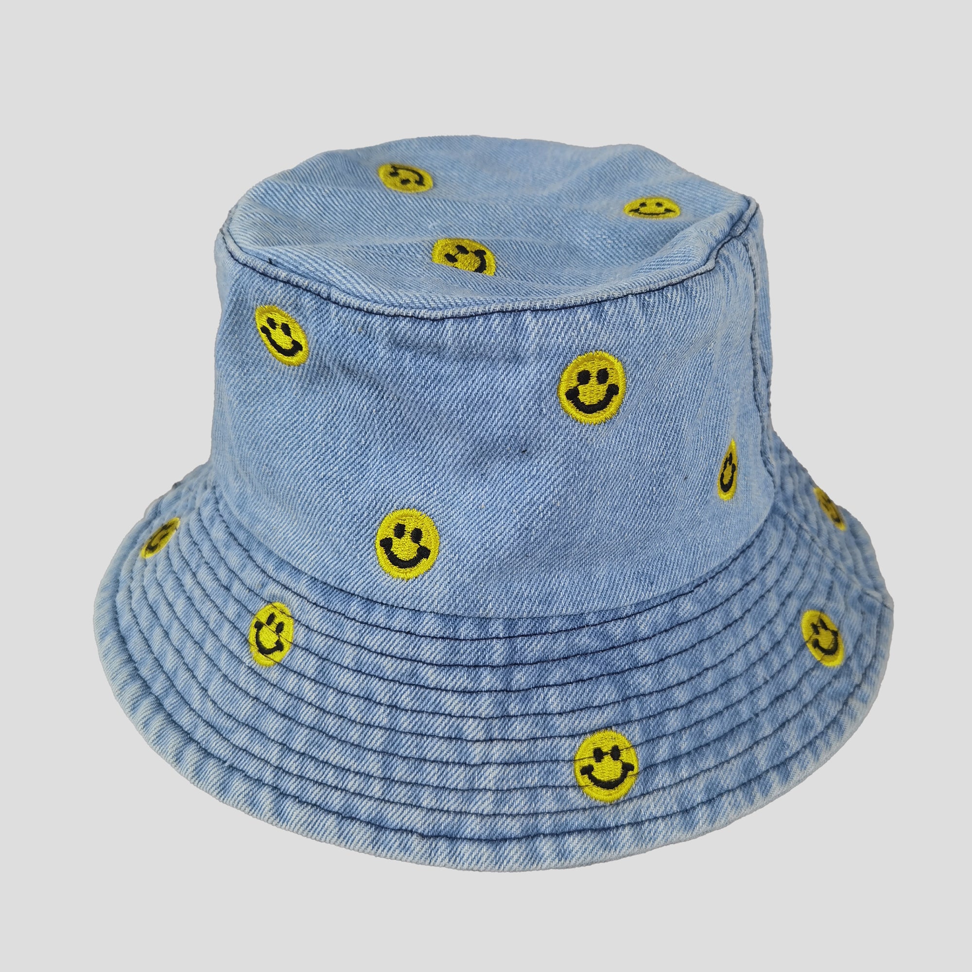 Anna-Kaci Women's Denim Bucket Hat Foldable with Smiley Face Embroidery