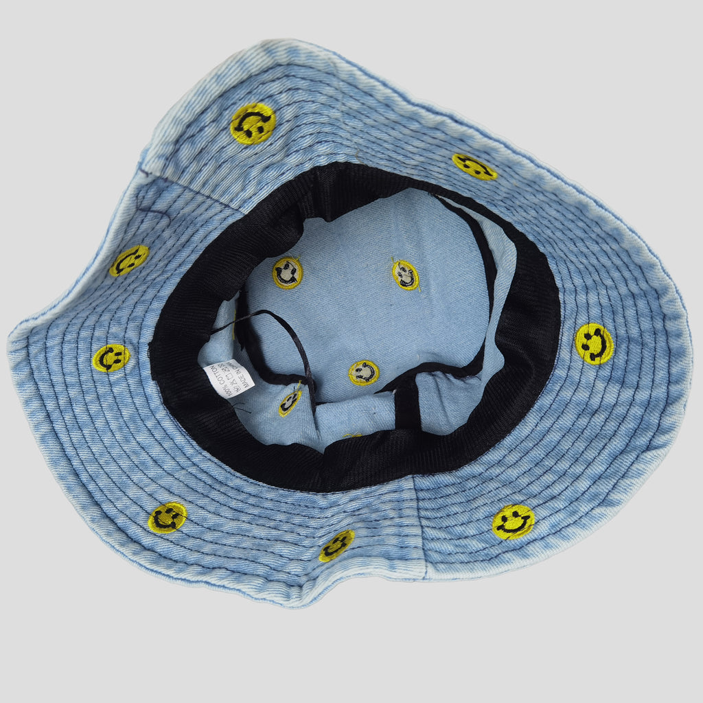 Anna-Kaci Women's Denim Bucket Hat Foldable with Smiley Face Embroidery