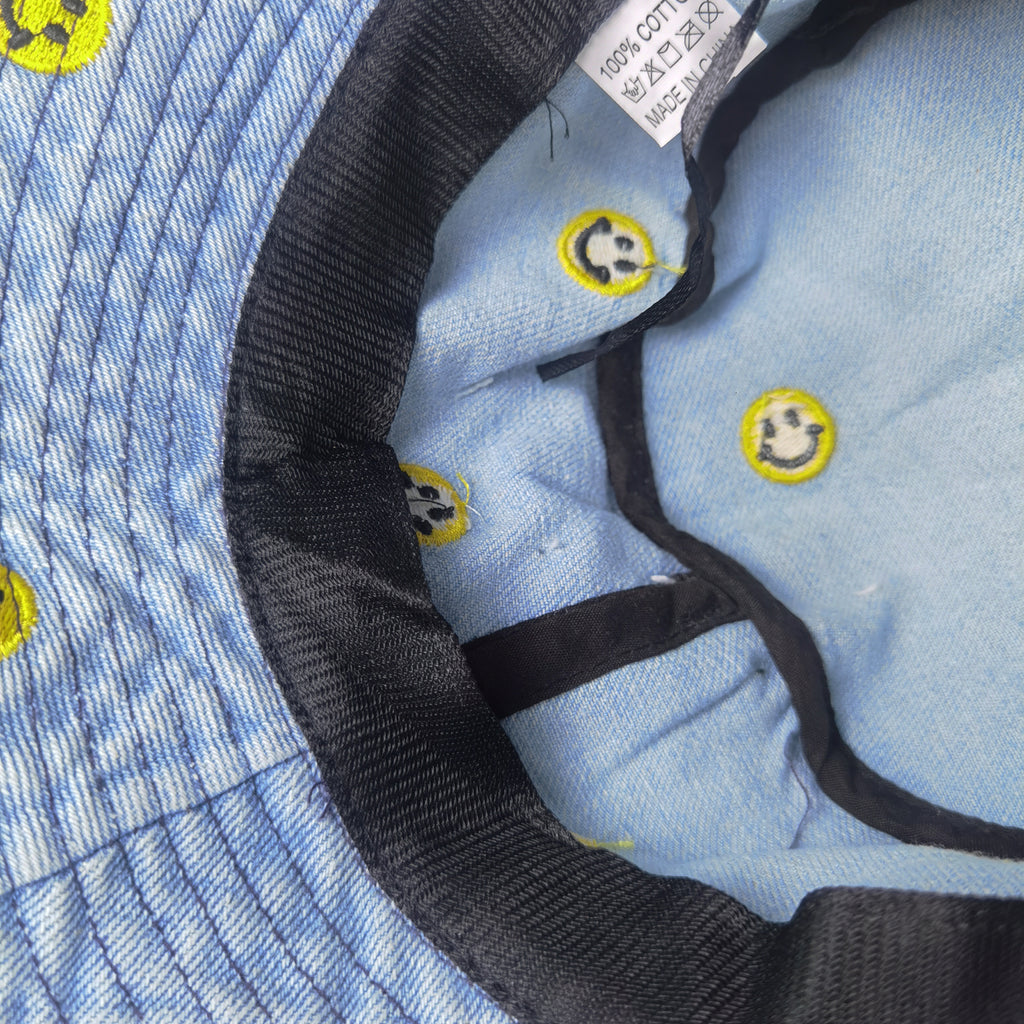 Anna-Kaci Women's Denim Bucket Hat Foldable with Smiley Face Embroidery