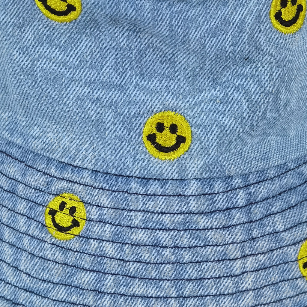Anna-Kaci Women's Denim Bucket Hat Foldable with Smiley Face Embroidery