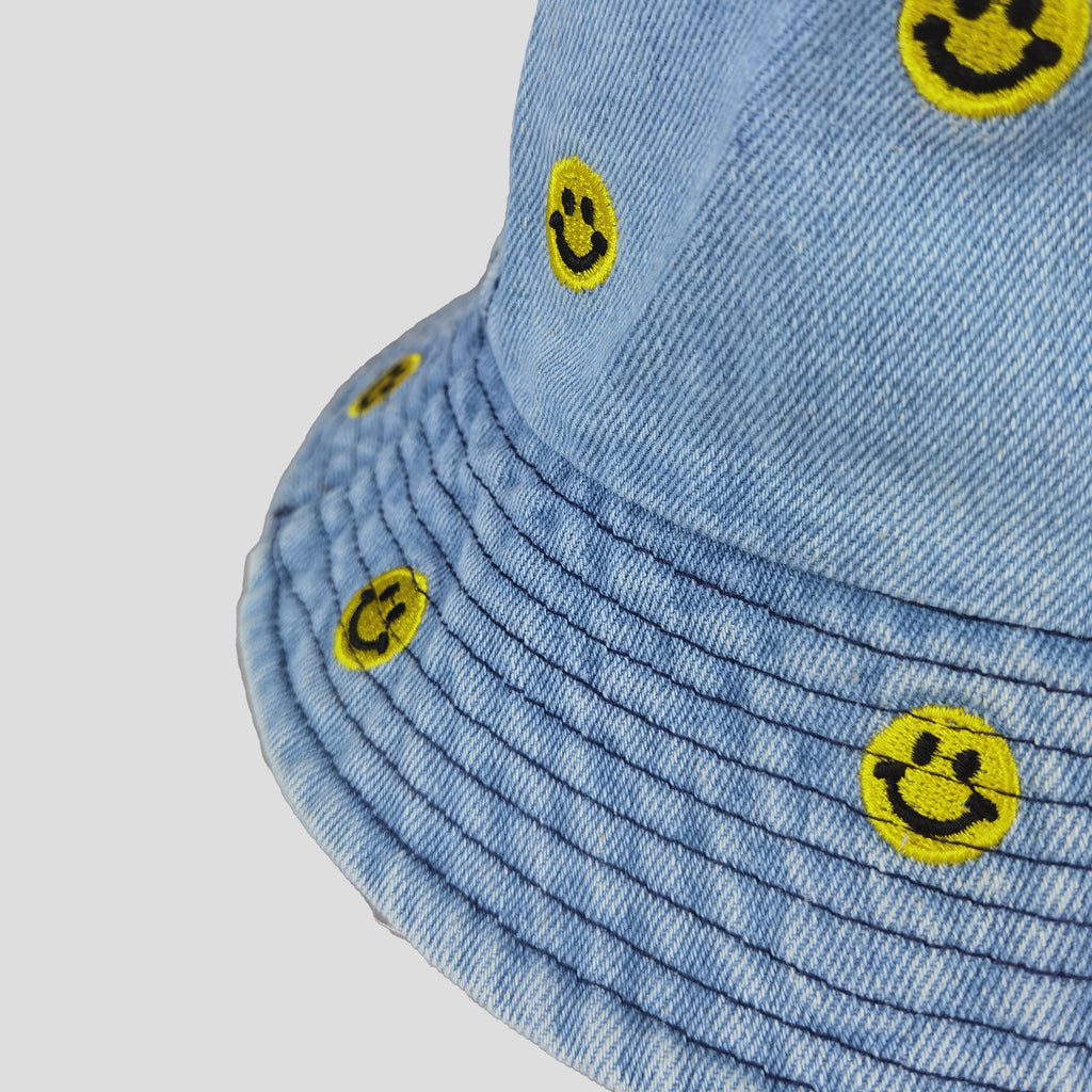 Anna-Kaci Women's Denim Bucket Hat Foldable with Smiley Face Embroidery