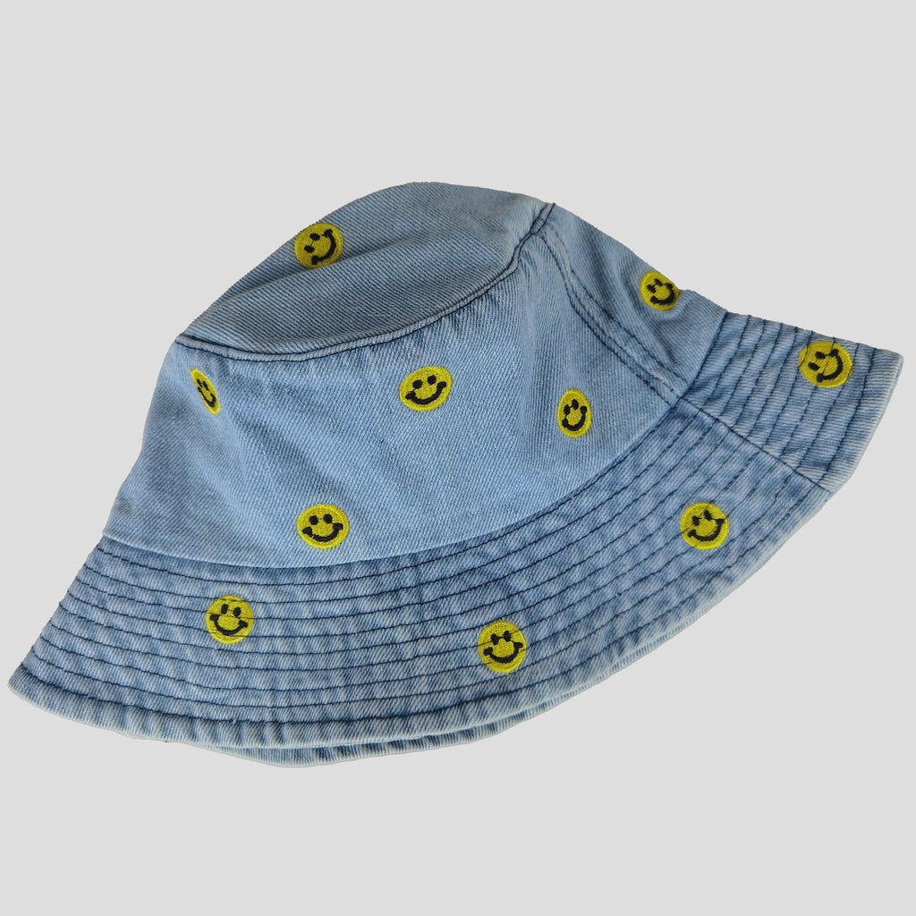 Anna-Kaci Women's Denim Bucket Hat Foldable with Smiley Face Embroidery