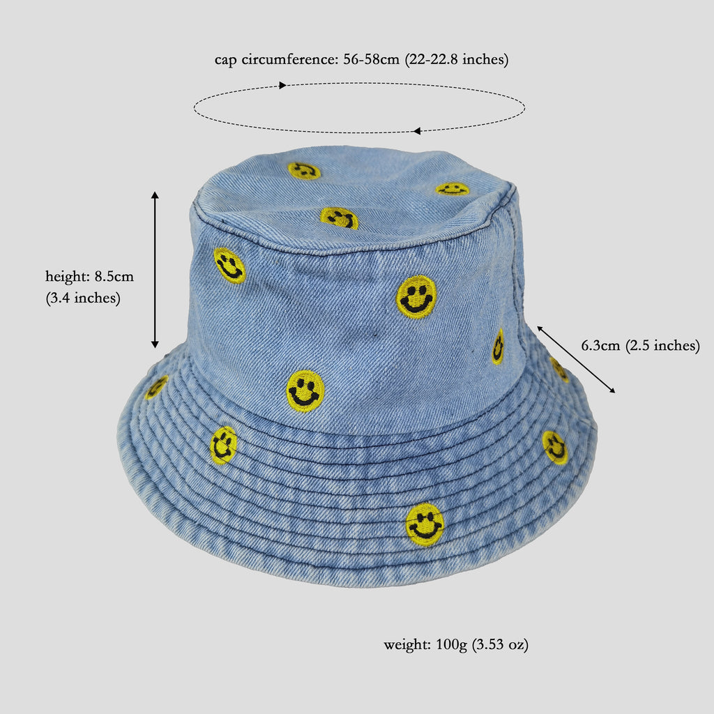 Anna-Kaci Women's Denim Bucket Hat Foldable with Smiley Face Embroidery