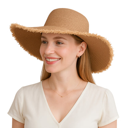 Anna-Kaci Wide Brim Straw Floppy Hat with Frayed Edges Lightweight Sun Protection for Beach Vacation Outdoor Travel Style