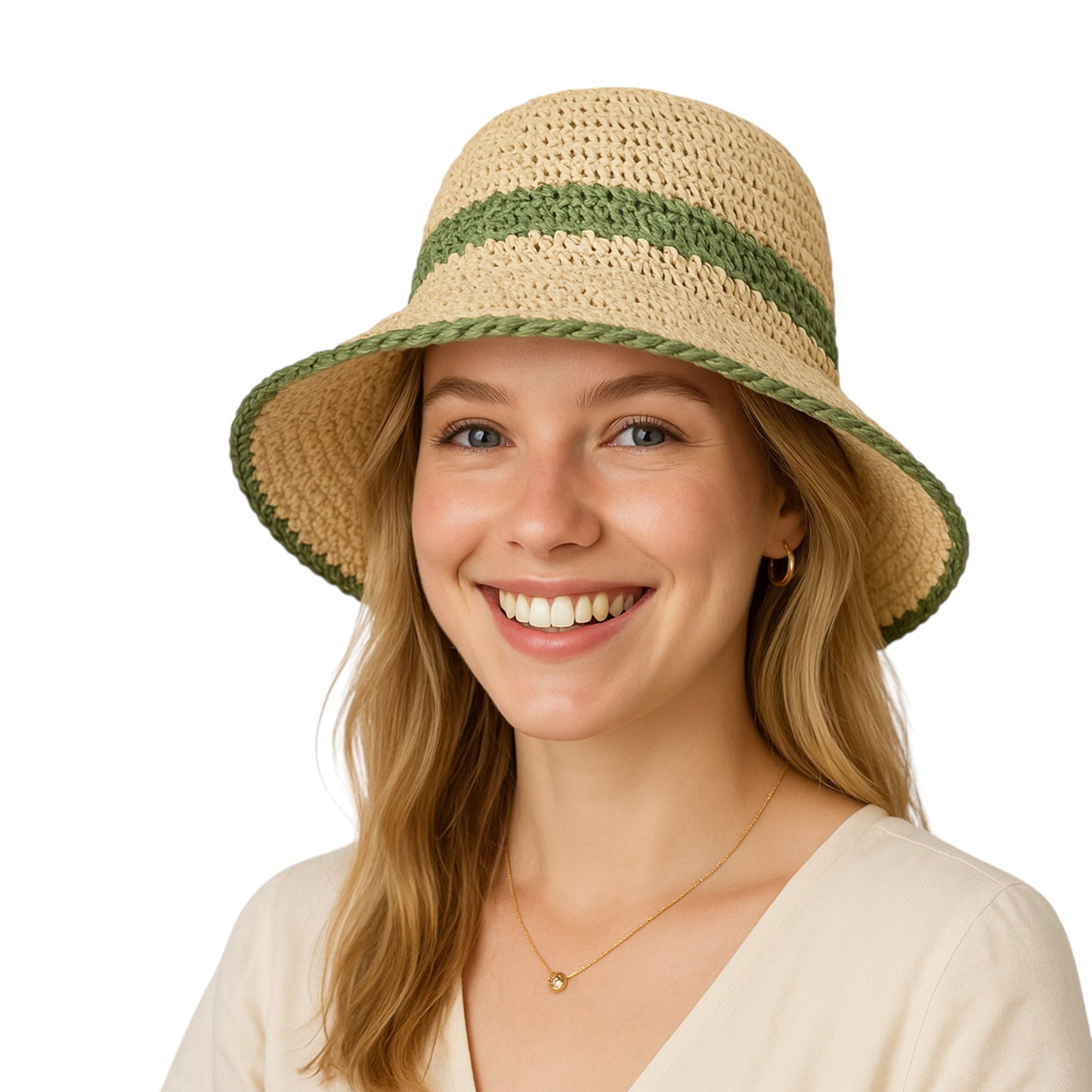 Anna-Kaci Packable Crochet Straw Bucket Hat with Two-Tone Design Lightweight Summer Sun Hat for Beach Travel Hiking Outdoor Use