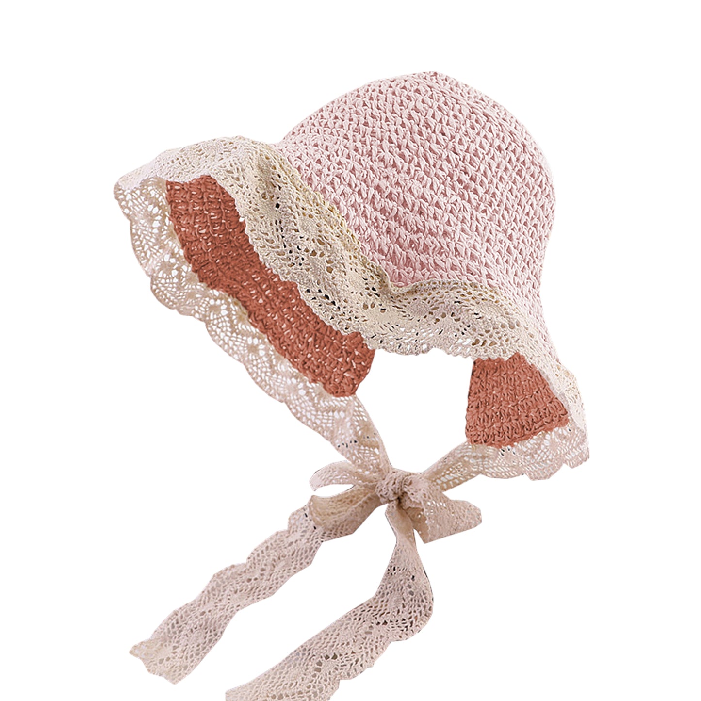 Anna-Kaci Women's Crochet Straw Hat with Lace Trim and Bow Detail