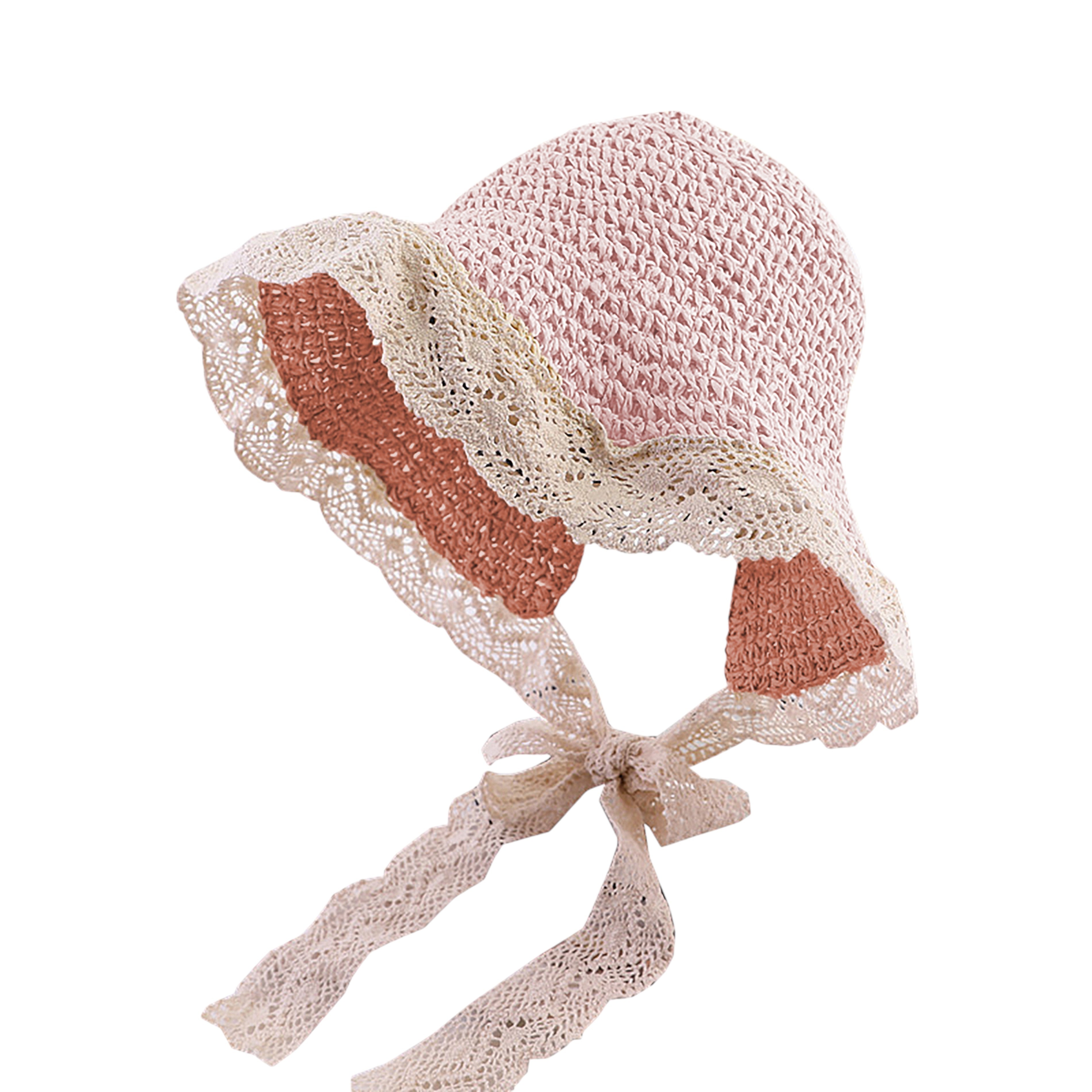 Anna-Kaci Women's Crochet Straw Hat with Lace Trim and Bow Detail