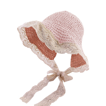 Anna-Kaci Women's Crochet Straw Hat with Lace Trim and Bow Detail