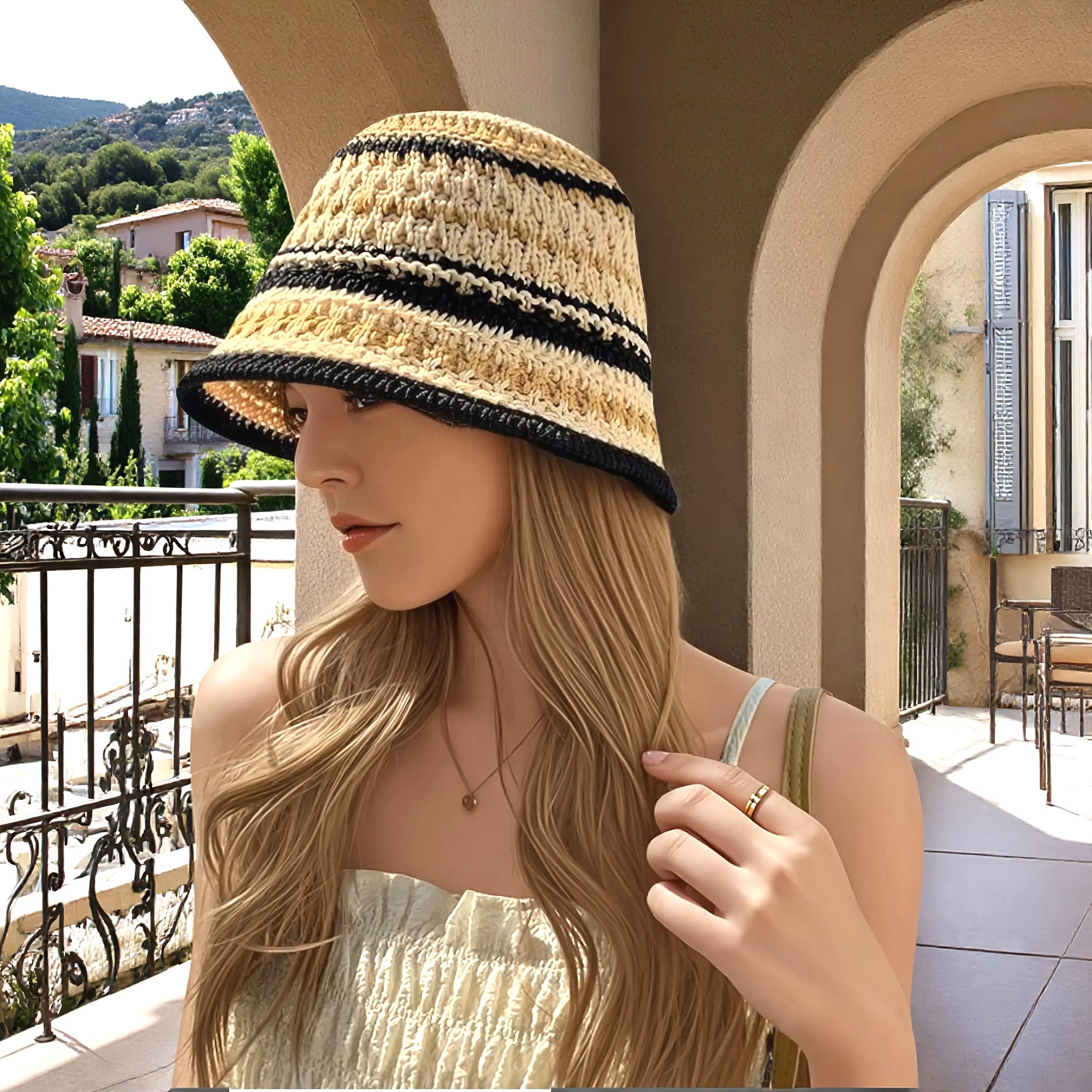 Anna-Kaci Women's Multicolor Striped Crochet Bucket Hat Lightweight Summer Accessory
