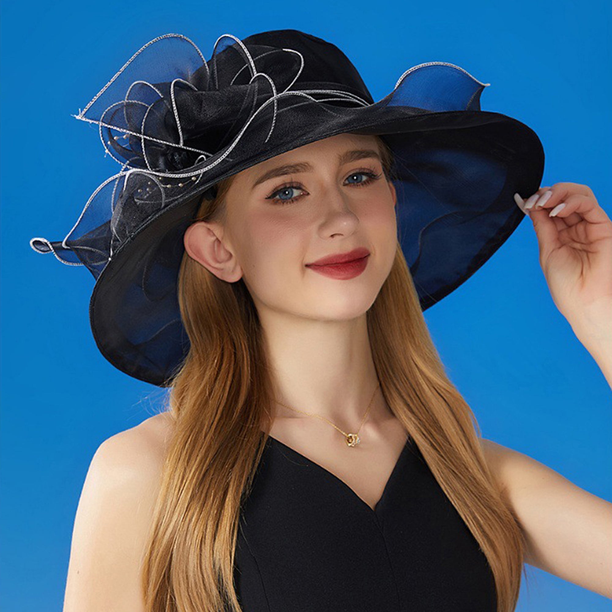 Anna-Kaci Women's Wide Brim Organza Dress Hat with Sheer Ribbon Floral Design for Formal Events and Sun Protection