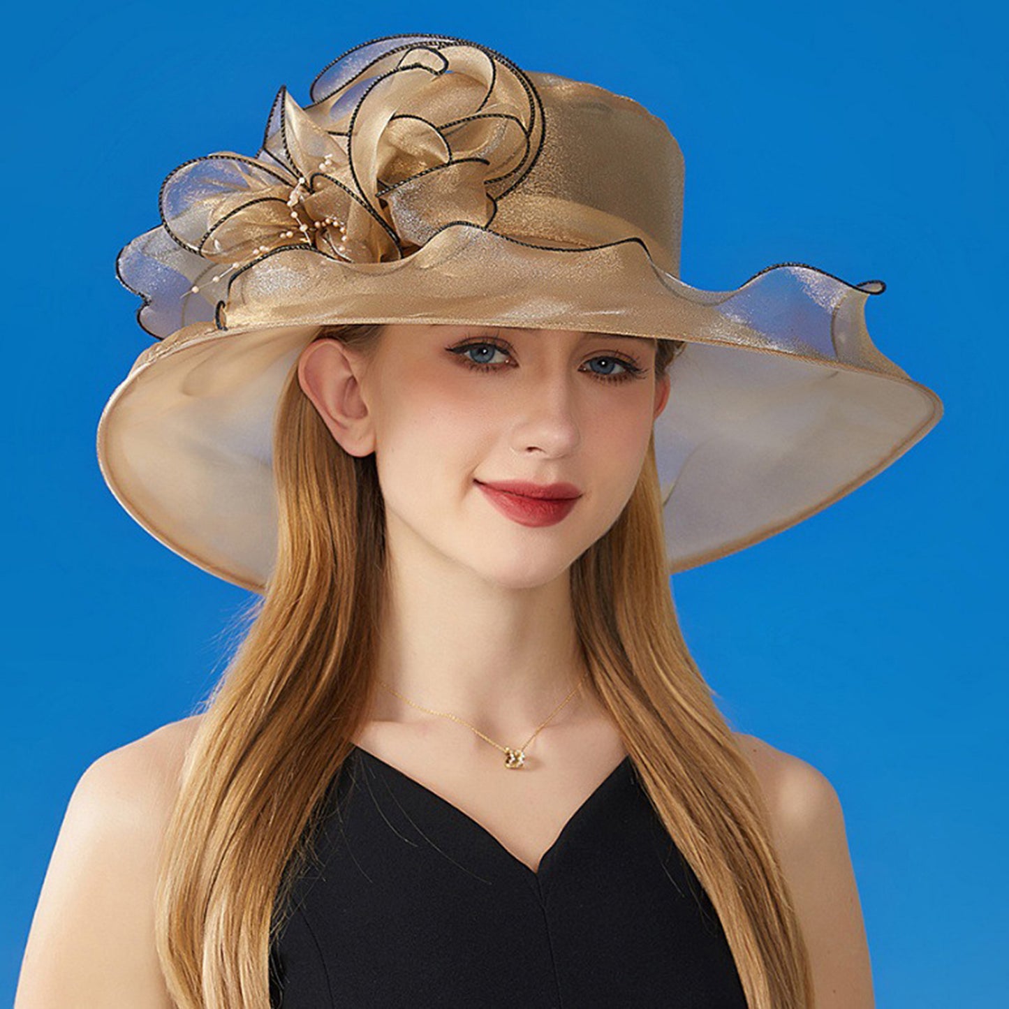 Anna-Kaci Women's Wide Brim Organza Dress Hat with Sheer Ribbon Floral Design for Formal Events and Sun Protection