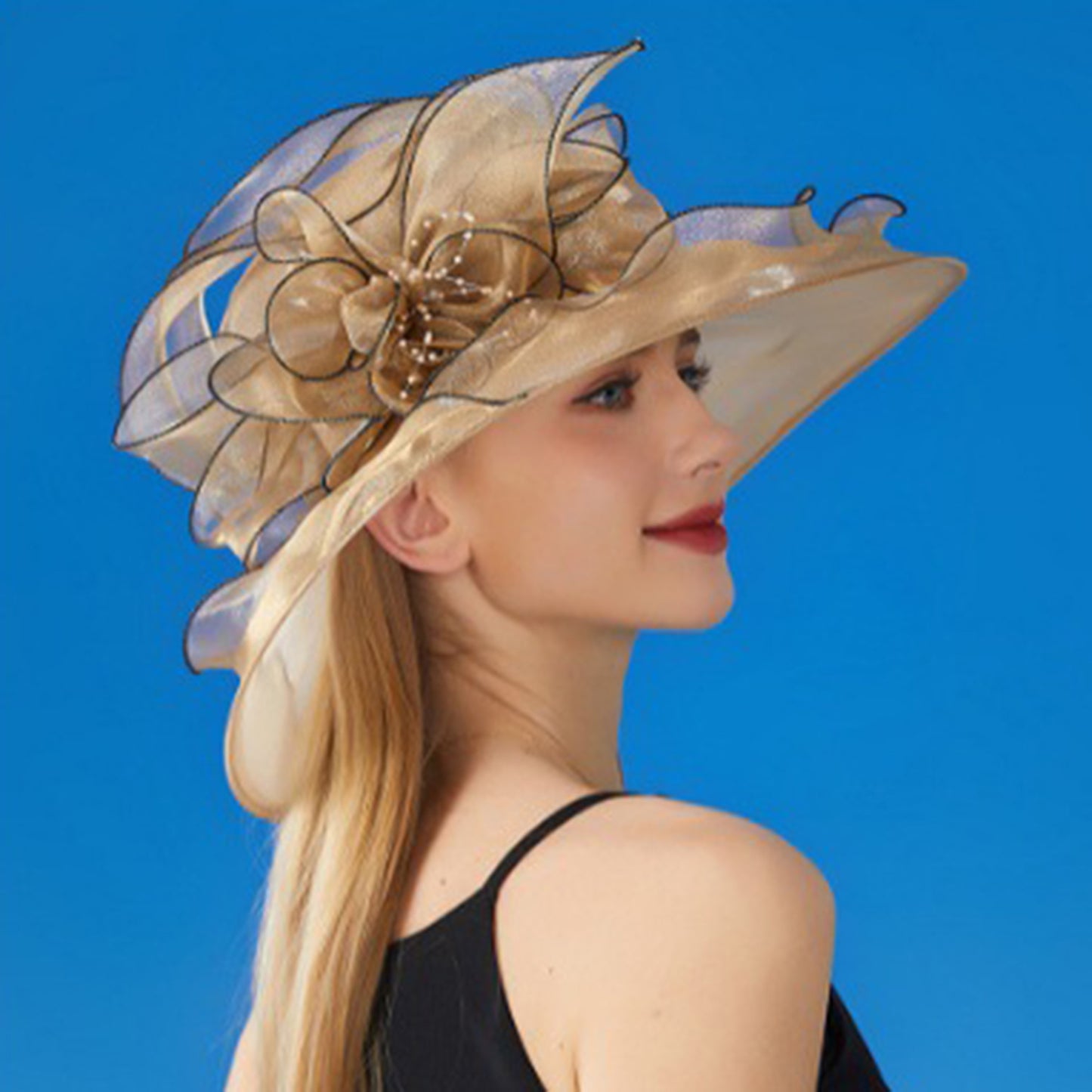 Anna-Kaci Women's Wide Brim Organza Dress Hat with Sheer Ribbon Floral Design for Formal Events and Sun Protection