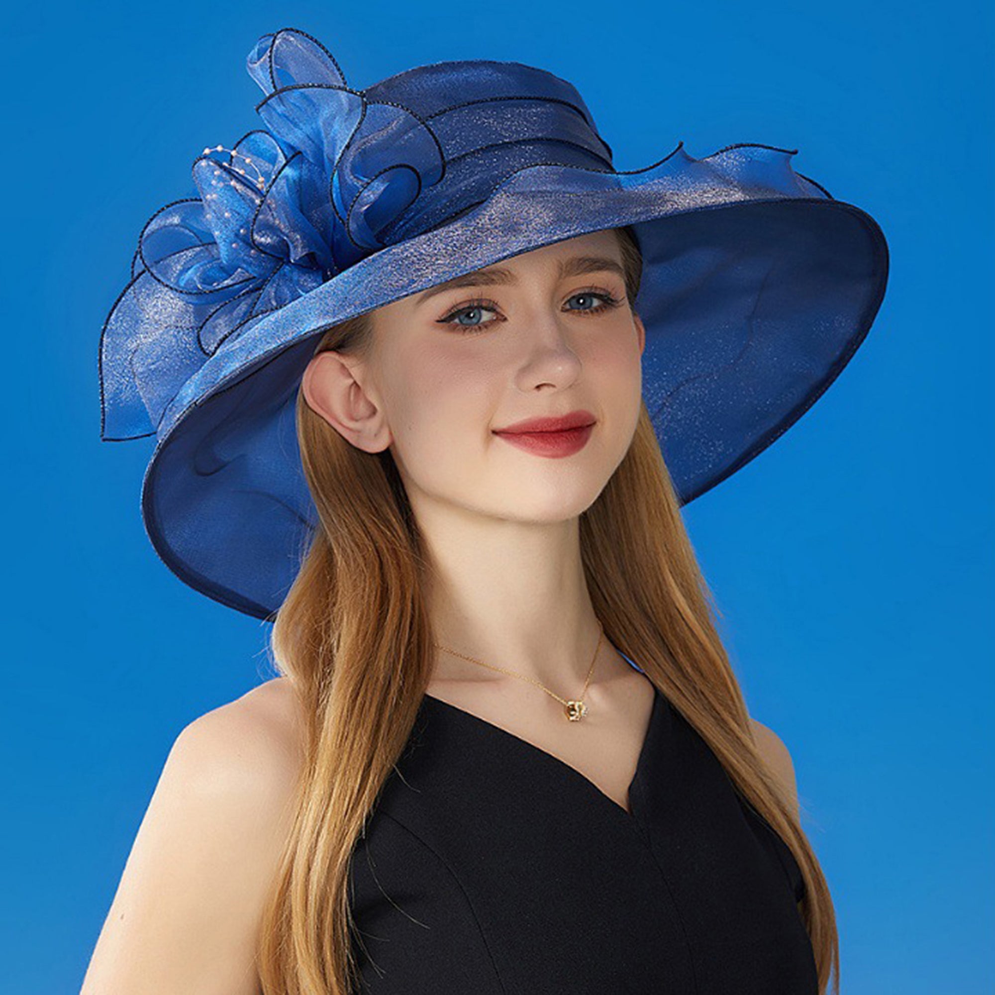 Anna-Kaci Women's Wide Brim Organza Dress Hat with Sheer Ribbon Floral Design for Formal Events and Sun Protection