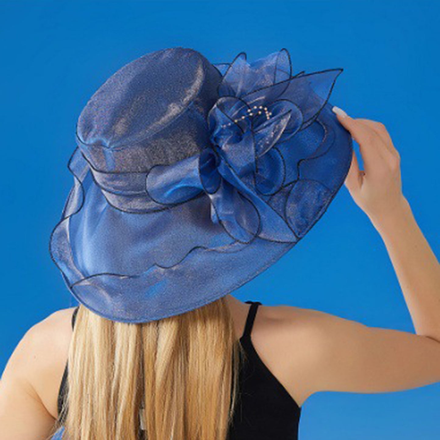 Anna-Kaci Women's Wide Brim Organza Dress Hat with Sheer Ribbon Floral Design for Formal Events and Sun Protection