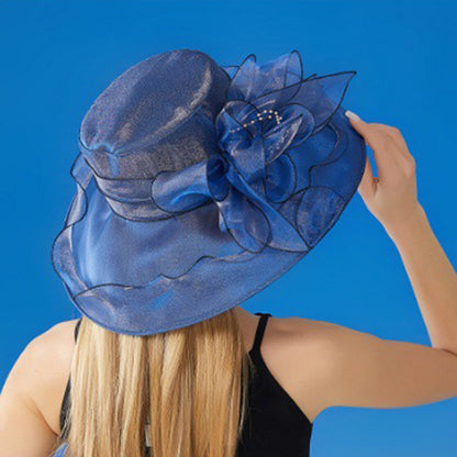 Anna-Kaci Women's Wide Brim Organza Dress Hat with Sheer Ribbon Floral Design for Formal Events and Sun Protection