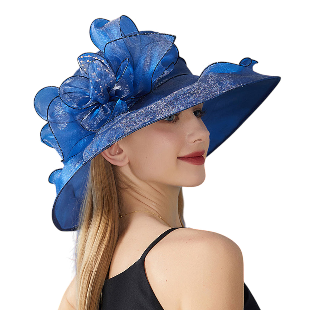 Women's Wide Brim Organza Dress Hat with Sheer Ribbon Floral Design for Formal Events and Sun Protection