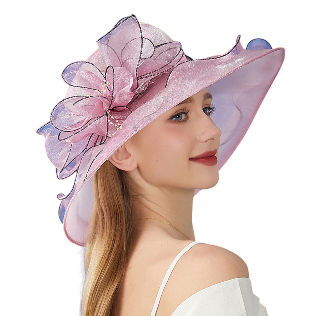 Women's Wide Brim Organza Dress Hat with Sheer Ribbon Floral Design for Formal Events and Sun Protection