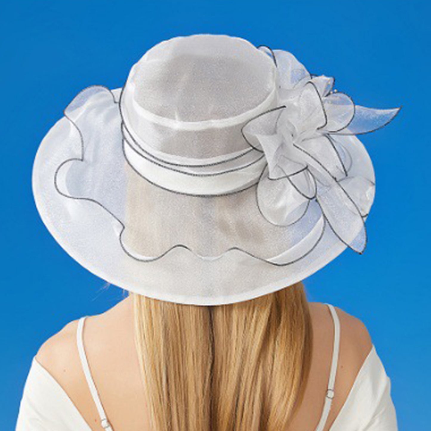 Anna-Kaci Women's Wide Brim Organza Dress Hat with Sheer Ribbon Floral Design for Formal Events and Sun Protection