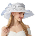 Women's Wide Brim Organza Dress Hat with Sheer Ribbon Floral Design for Formal Events and Sun Protection