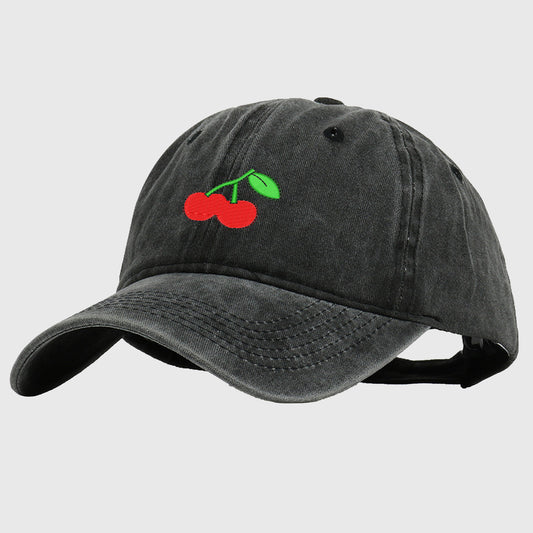 Anna-Kaci Women's Vintage Washed Denim Baseball Cap with Cherry Embroidery