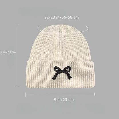 Anna-Kaci Women's Ribbed Knit Beanie Hat with Folded Cuff and Embroidered Bow Detail