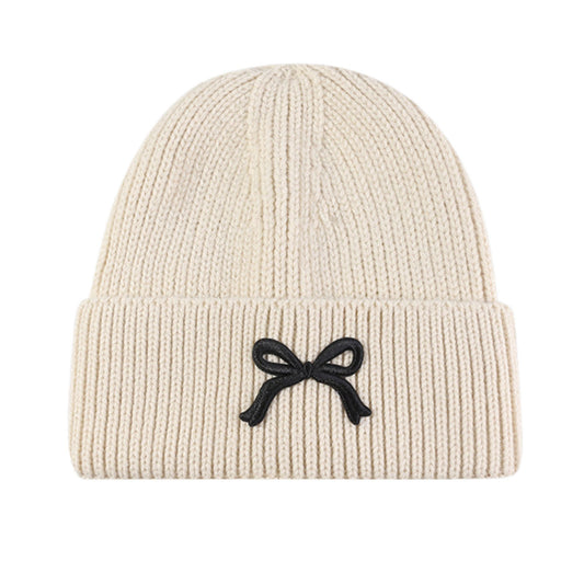 Anna-Kaci Women's Ribbed Knit Beanie Hat with Folded Cuff and Embroidered Bow Detail
