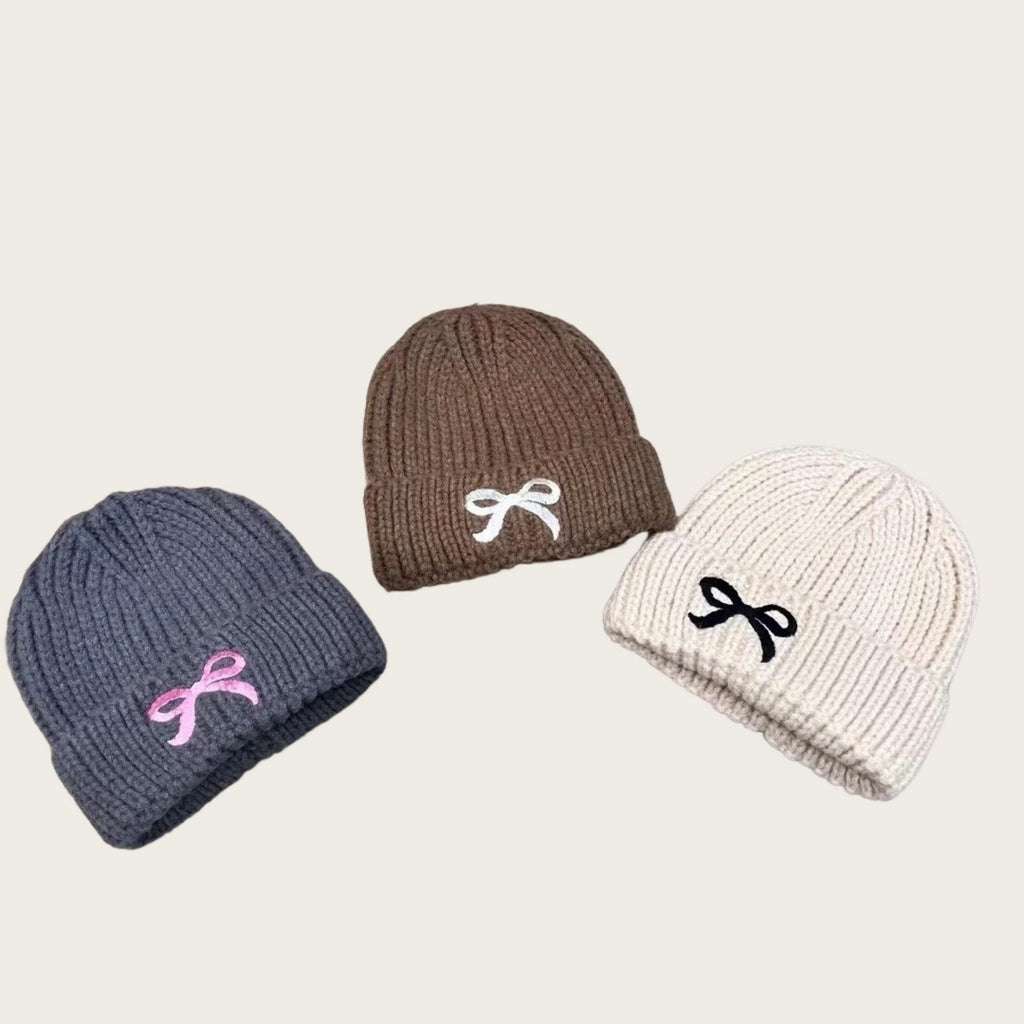 Anna-Kaci Women's Ribbed Knit Beanie Hat with Folded Cuff and Embroidered Bow Detail