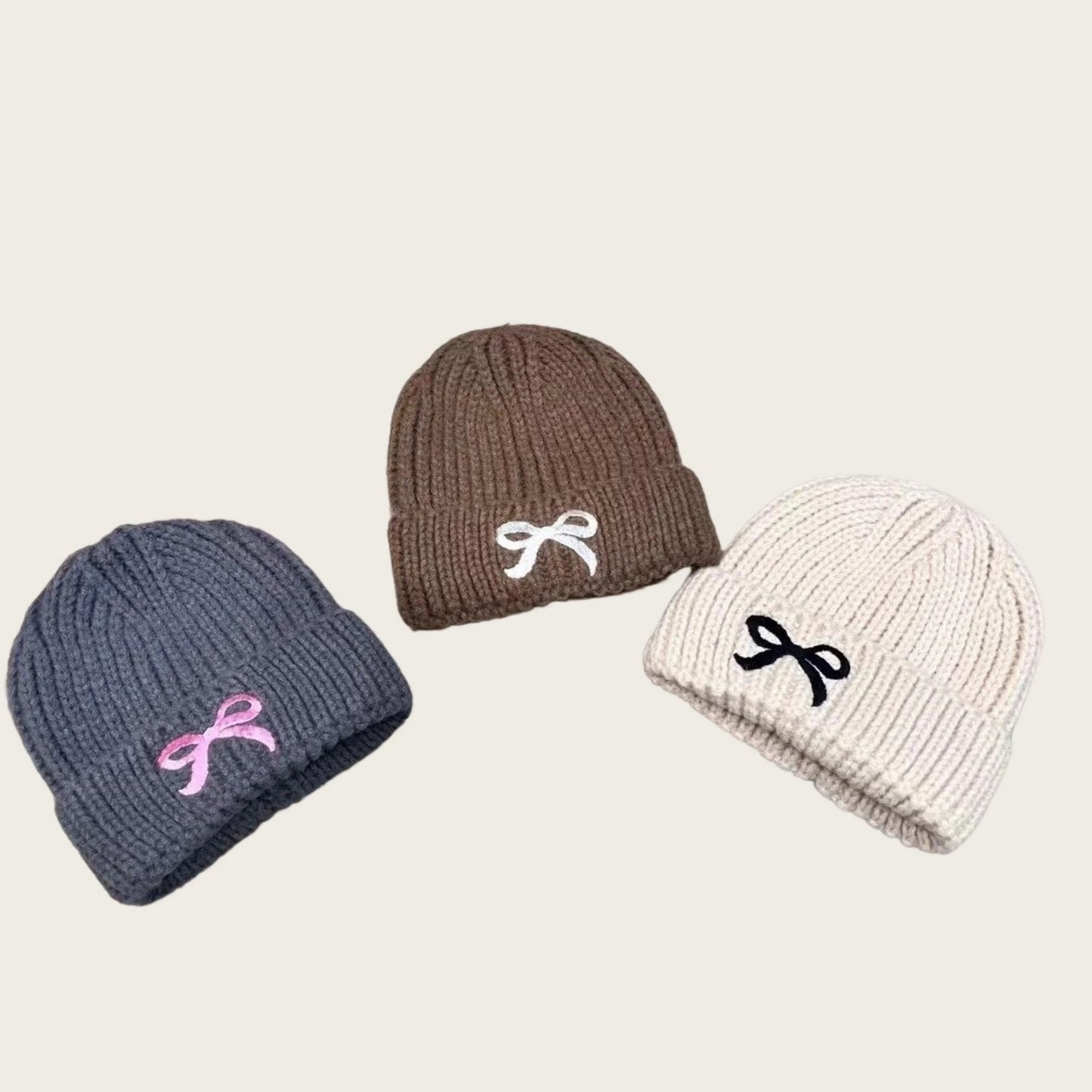 Anna-Kaci Women's Ribbed Knit Beanie Hat with Folded Cuff and Embroidered Bow Detail