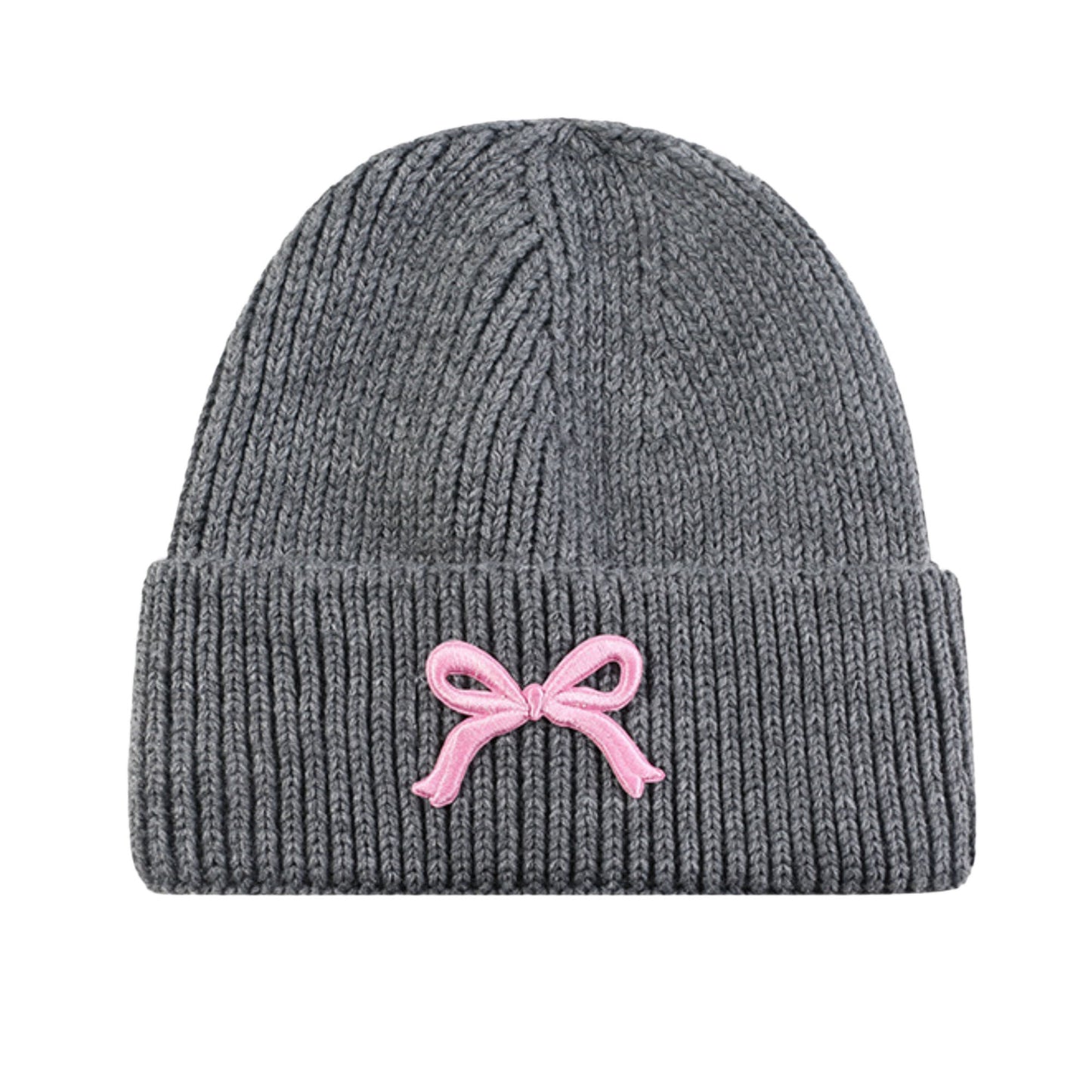 Anna-Kaci Women's Ribbed Knit Beanie Hat with Folded Cuff and Embroidered Bow Detail