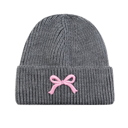 Anna-Kaci Women's Ribbed Knit Beanie Hat with Folded Cuff and Embroidered Bow Detail