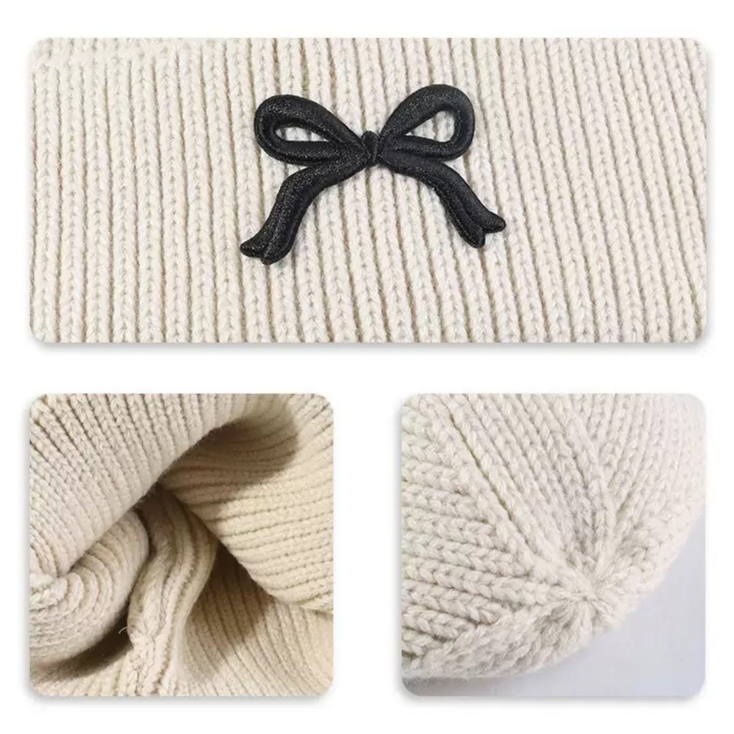 Anna-Kaci Women's Ribbed Knit Beanie Hat with Folded Cuff and Embroidered Bow Detail