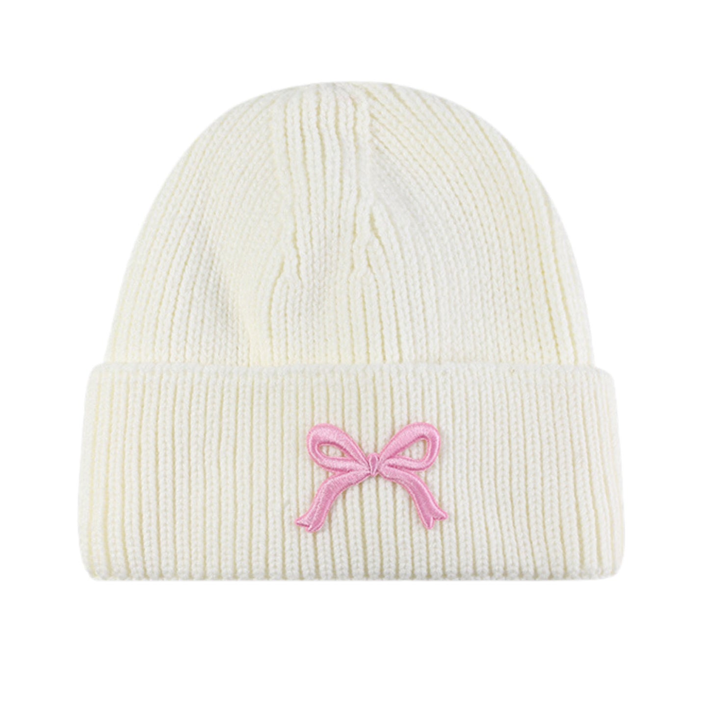 Anna-Kaci Women's Ribbed Knit Beanie Hat with Folded Cuff and Embroidered Bow Detail