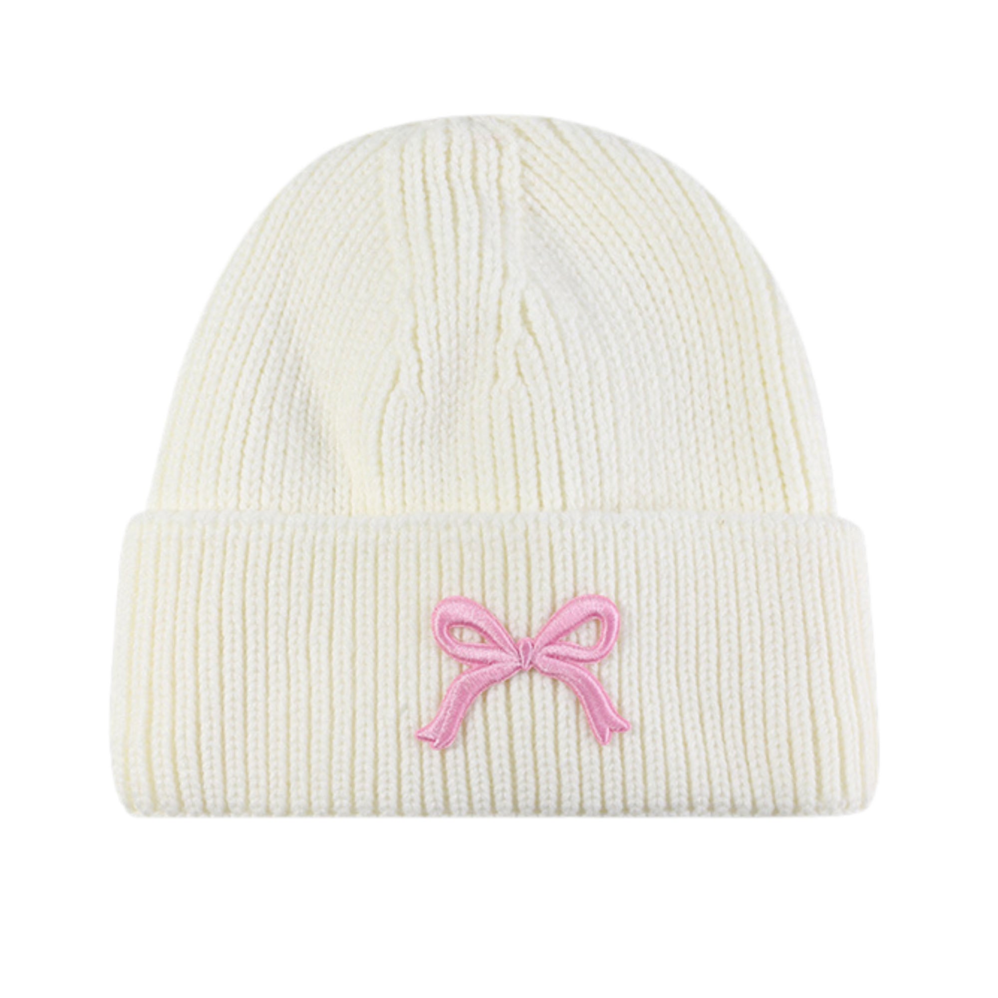 Anna-Kaci Women's Ribbed Knit Beanie Hat with Folded Cuff and Embroidered Bow Detail