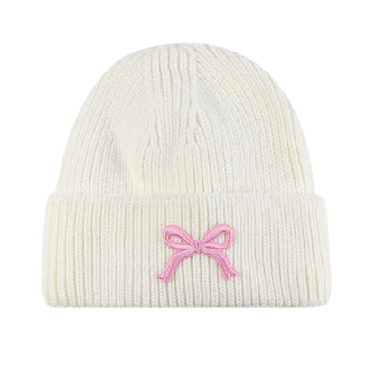 Anna-Kaci Women's Ribbed Knit Beanie Hat with Folded Cuff and Embroidered Bow Detail