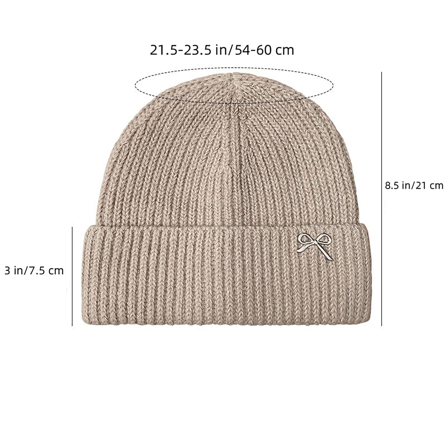 Anna-Kaci Women's Ribbed Knit Beanie Hat with Folded Cuff and Metal Bow Accent