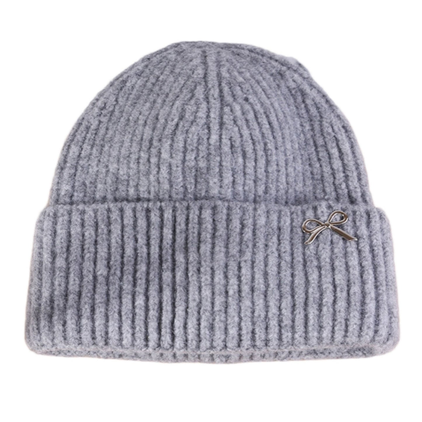 Anna-Kaci Women's Ribbed Knit Beanie Hat with Folded Cuff and Metal Bow Accent