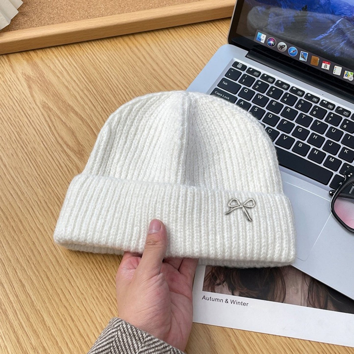 Anna-Kaci Women's Ribbed Knit Beanie Hat with Folded Cuff and Metal Bow Accent