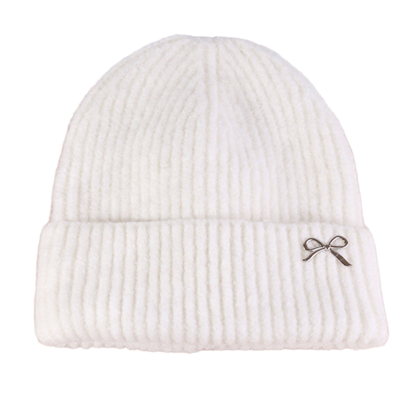 Anna-Kaci Women's Ribbed Knit Beanie Hat with Folded Cuff and Metal Bow Accent