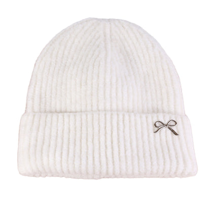 Anna-Kaci Women's Ribbed Knit Beanie Hat with Folded Cuff and Metal Bow Accent