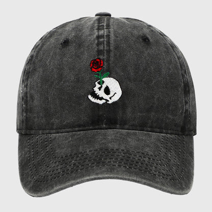 Anna-Kaci Women's Vintage Washed Baseball Cap with Skull and Rose Embroidery