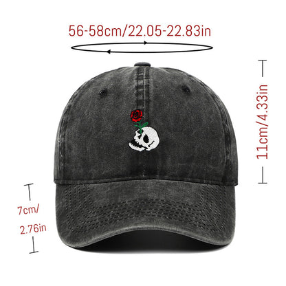 Anna-Kaci Women's Vintage Washed Baseball Cap with Skull and Rose Embroidery